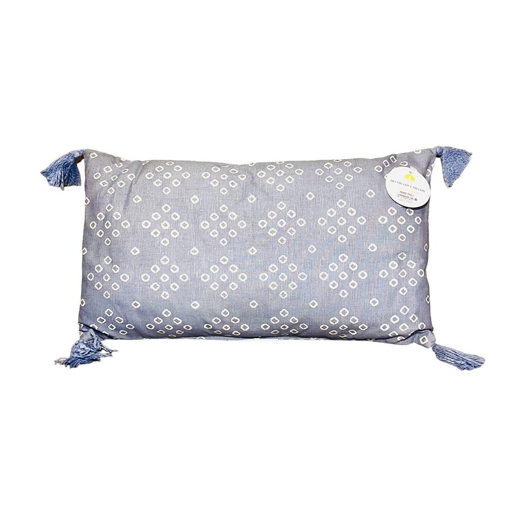 Blue and White Double Sided Lumbar Pillow Stripe Diamonds Tassels 10” x 18” New